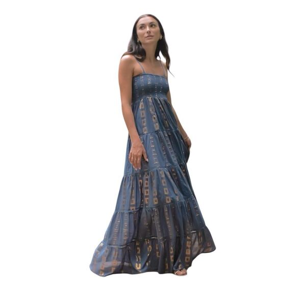Guadalupe Blue Gold Accent Maxi Dress Size Small - Picture 8 of 8